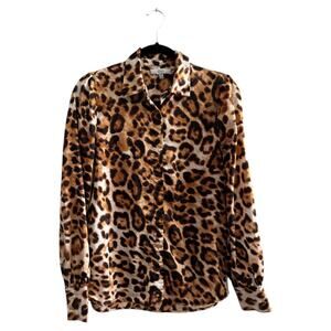 OVI Long Sleeve Animal Cheeath Print Button Up Blouse Top Size Medium